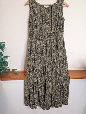 NorthStyle Olive Paisley Midi Dress with Tan Accents Size 12